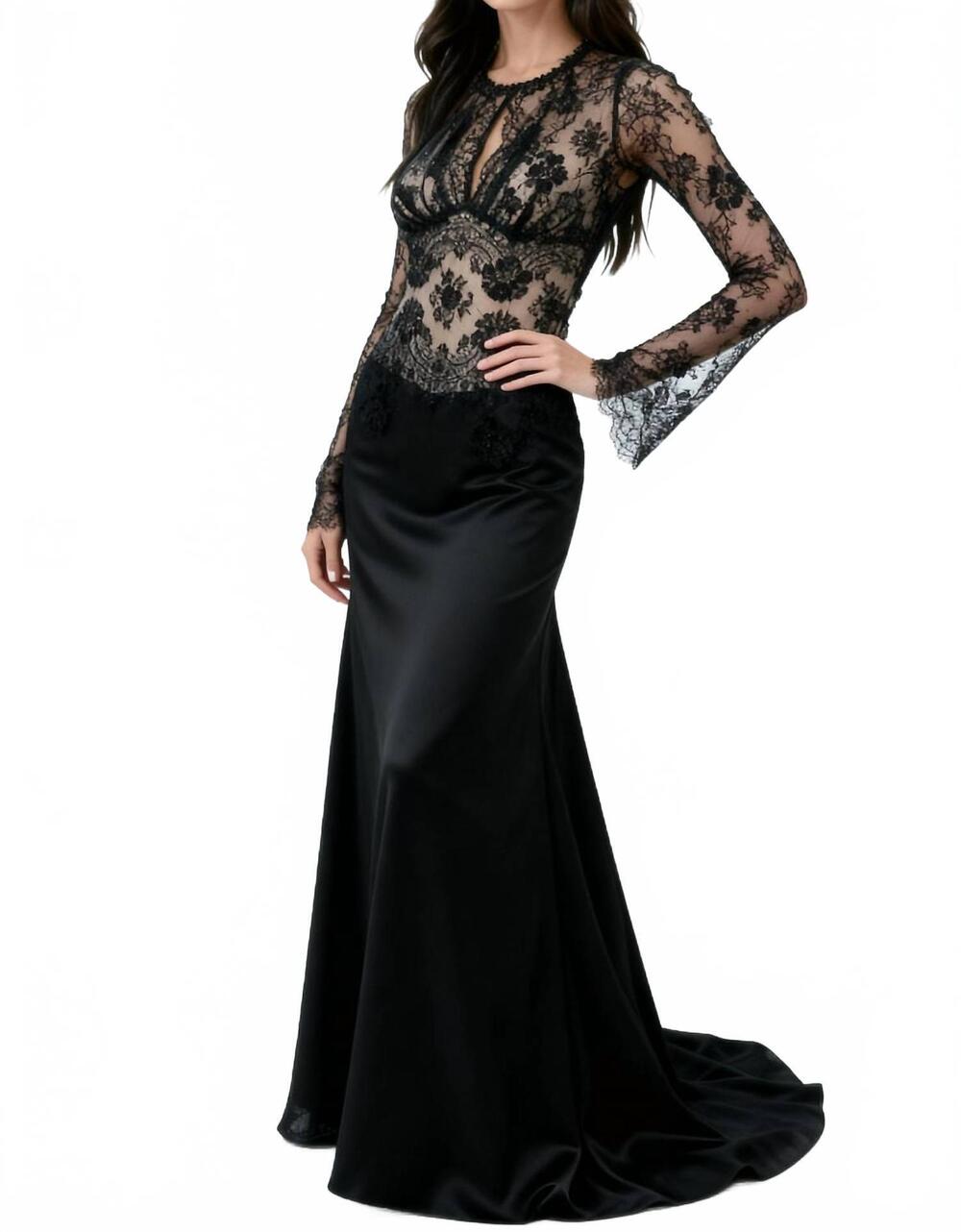 NEW MAX CHAOUL floral-patterned lace long-sleeve evening gown in black